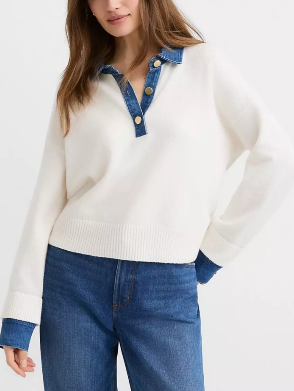 Denim Trim Henley Sweater